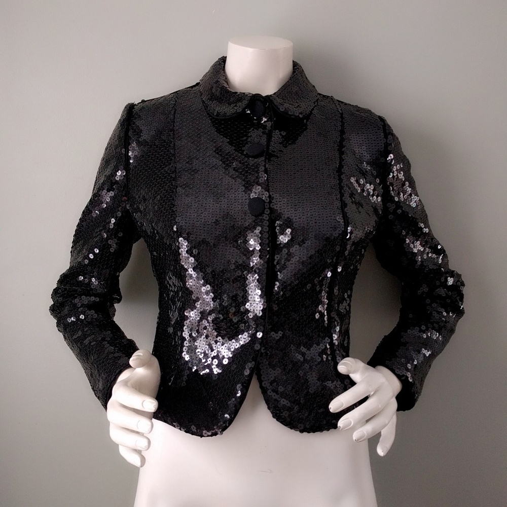 Vintage 1990s Giorgio Armani Black Sequin Tuxedo Cropped Blazer S